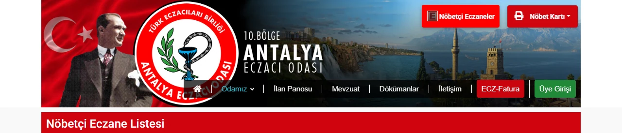 Antalya Eczacı Odası resmî sitesindeki Nöbetçi Eczane Listesi başlığı