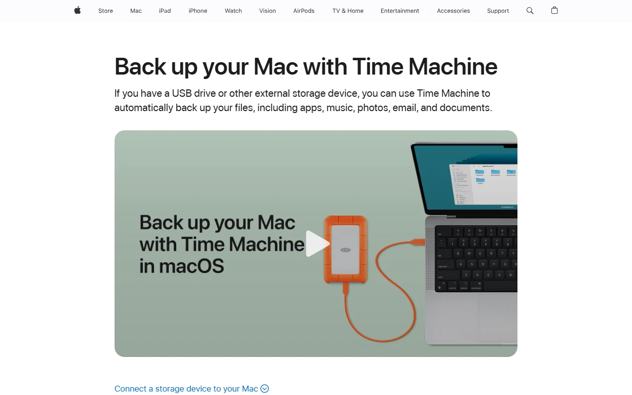Apple’ın Time Machine yedekleme ekranını gösteren destek sayfası